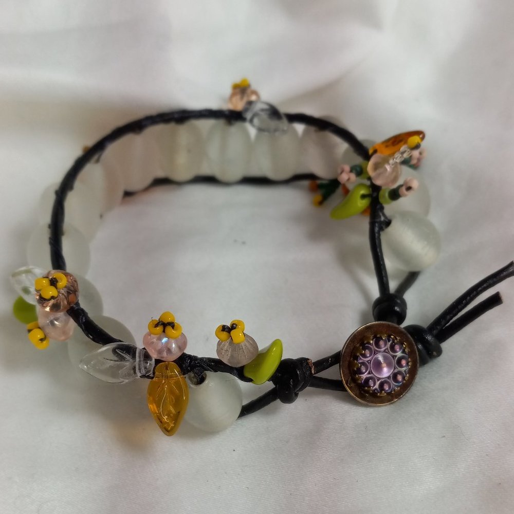 Woven Bracelet with Vintage Glass Beads, Flowers & Leaves, Antique Button